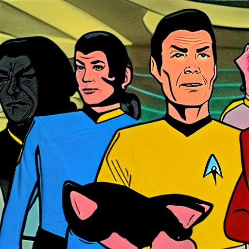 Image similar to a scene from star trek but the crew are cats