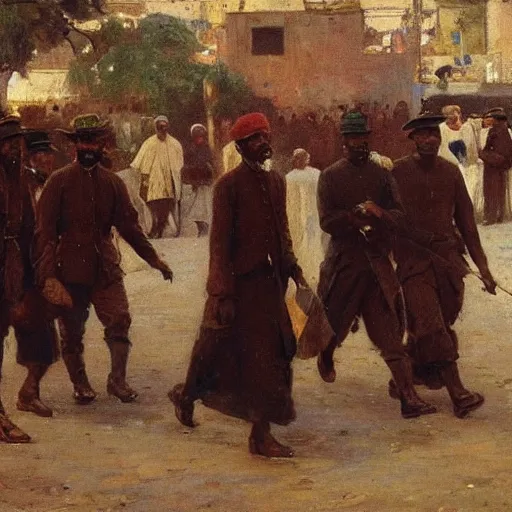 Prompt: Colonial officers walking through Lagos, 1905, masterwork, highly detailed, oil on canvas, by Ilya Repin