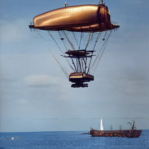 Image similar to Colour photo of steampunk airship flying across the Atlantic Ocean