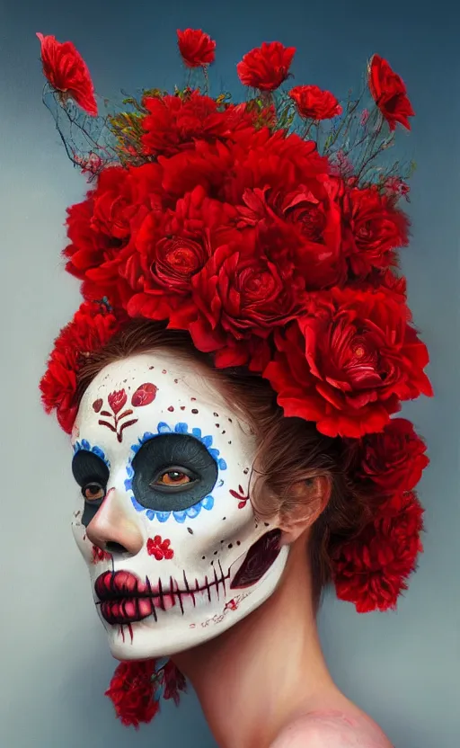 Image similar to a red oil painting hyperrealism of a beautiful woman on a white background, flowers, dia de los muertos makeup, floral headdress, 8 k resolution, octane render, trending on artstation, by gediminas pranckevicius, volumetric light 2 blue fractal thunder glow by dan mumford, anaglyph effect, laurie lipton