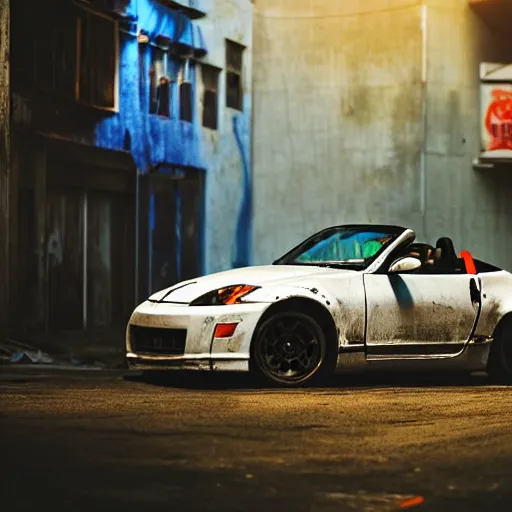 Prompt: decaying white 350z roadster abandoned in alley night time decrepit shot from cyberpunk 2077 soft lighting dark shadows beautiful 65mm camera Ryan Church