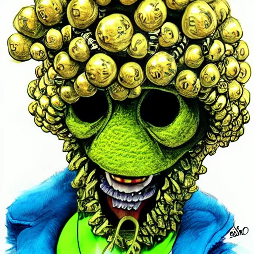 Prompt: a tennis ball monster , balaclava, hip hop, gold chain necklace, diamond teeth, digital art, fantasy, magic, trending on artstation, ultra detailed, professional illustration by Basil Gogos