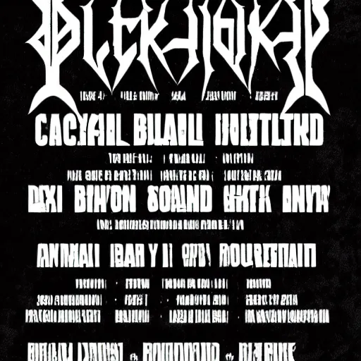 Image similar to black metal concert flyer, black metal logos, unreadable, 3 band lineup, local bar, d. i. y. venue