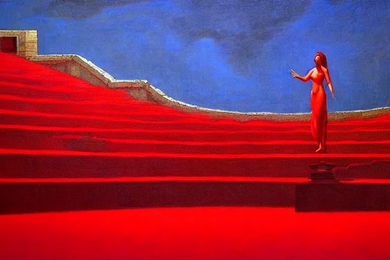 Image similar to only with red, a red great emperor, taormina amphitheatre, crowd with big smile, in the style of beksinski, parts by edward hopper, parts by rodcenko, parts by yue minjun, intricate and epic composition, red by caravaggio, insanely quality, highly detailed, masterpiece, red light, artstation, 4 k