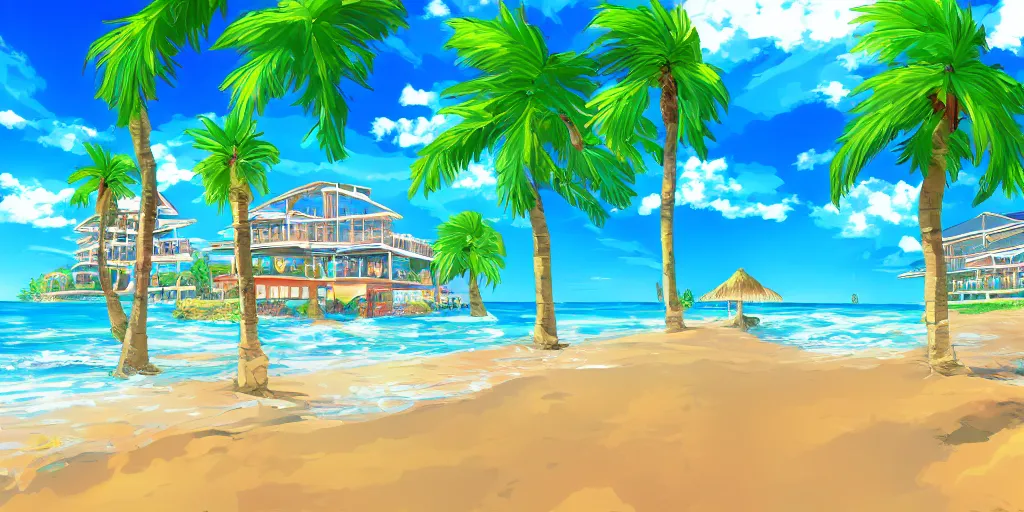 Prompt: anime beach resort background, award - winning digital art