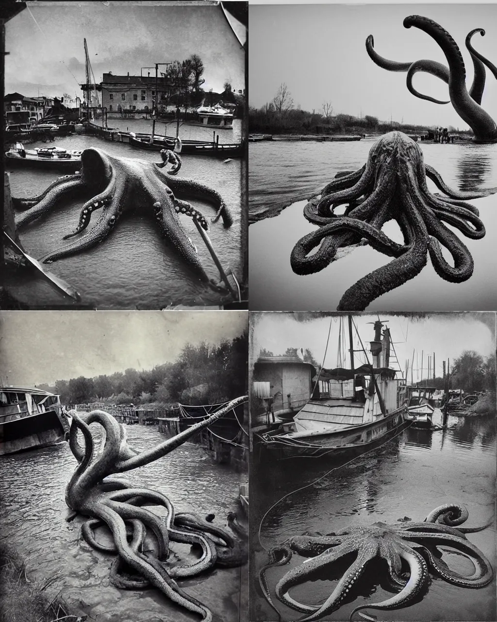 Prompt: giant oversized octopus dead at the side of the village river, next to smal boat in background with people,on , Cinematic focus, low angle , dirty photo, Polaroid grayscale vintage 20s photo, vintage, neutral colors, soft lights, foggy, panorama by Peter House by discovery by Serov Valentin, by lisa yuskavage, by Andrei Tarkovsky