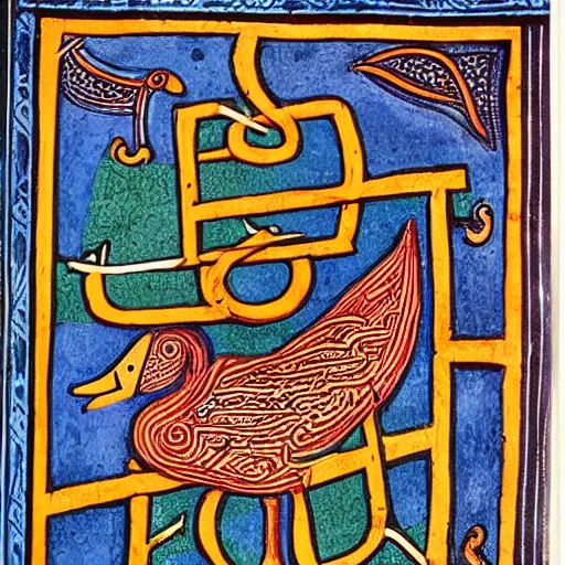 Image similar to book of kells, illustration of a duck, dye on calfskin