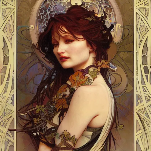 Prompt: realistic detailed face portrait of Emily Browning by Alphonse Mucha, Ayami Kojima, Amano, Charlie Bowater, Karol Bak, Greg Hildebrandt, Jean Delville, and Mark Brooks, Art Nouveau, Neo-Gothic, gothic, rich deep moody colors