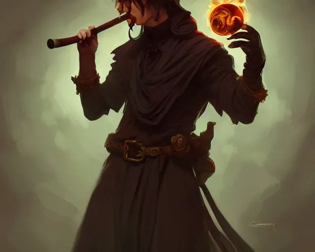 Image similar to cute young shadow mage male, smoking a pipe, shrouded face, deep focus, d & d, fantasy, intricate, elegant, highly detailed, digital painting, artstation, concept art, matte, sharp focus, illustration, hearthstone, art by artgerm and greg rutkowski and alphonse mucha