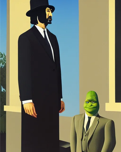 Image similar to magritte painting of keanu reeves and shrek