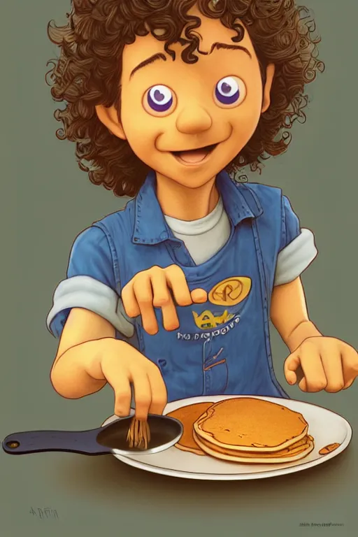 Image similar to young arlo guthrie making pancakes, animation pixar style, by pendleton ward, magali villeneuve, artgerm, rob rey and kentaro miura style, golden ratio, trending on art station