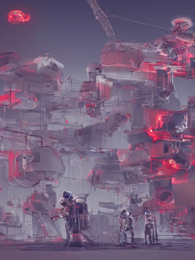 Prompt: graphic art of dystopian futuristic 1 0 mechanic surgeons in space suits, operate on a huge mickeymouse!! severedhead!!!! held by a crane. ominous glowing red netflix!!! sign in the background, trending on art station, beeple!!, clean concept art, smooth, octane render