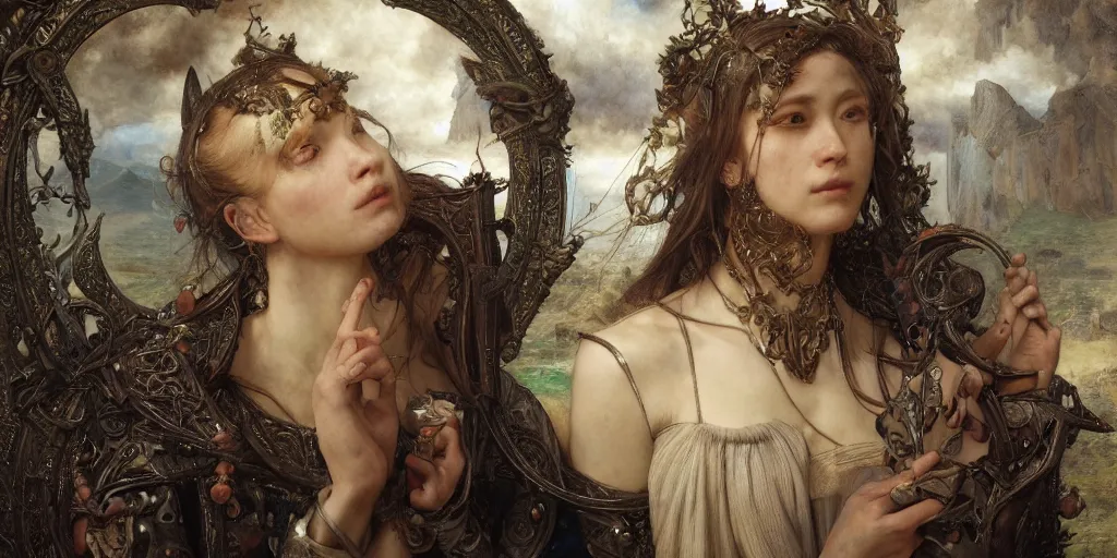 Image similar to masterpiece inchoate sybaritic salve Reginae, masterpiece by Edgar Maxence and Ross Tran and Michael Whelan and Caravaggio artistic, intricate drawing, realistic fantasy, extremely detailed and beautiful aesthetic celtic face, establishing shot, 8k resolution, dramatic lighting