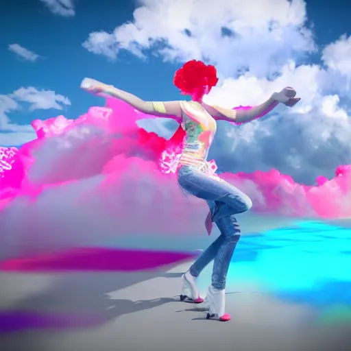 Prompt: figure dancing in the clouds with splashes of neon colors in unreal engine