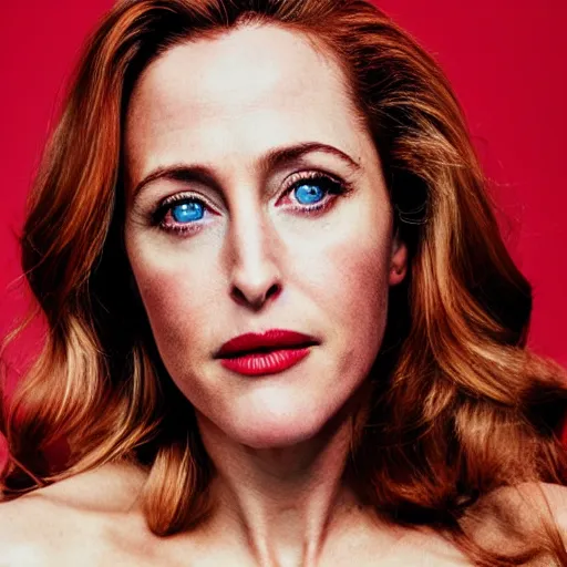 Image similar to portrait of Gillian Anderson as Wonder Woman (2021) in the style of Terry Richardson, award-winning, detailed, 82 mm sigma art, close up