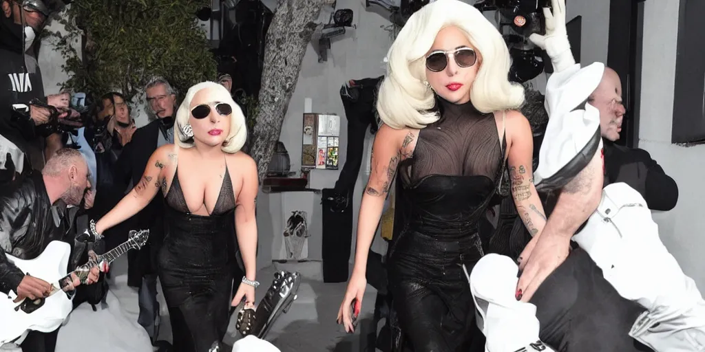 Prompt: lady gaga hits paparazzi with a guitar