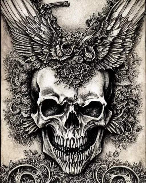 Image similar to gates of hell, skulls, wings, fine details, photorealistic, intricate complexity, extremely detailed, very sharp, in the style of albrecht durer,