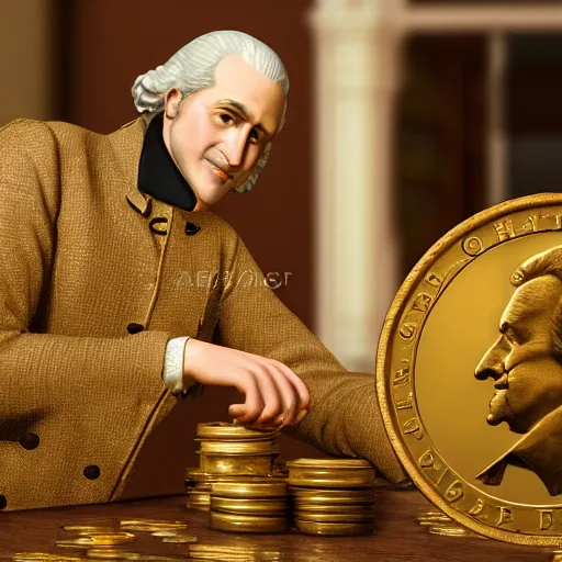 Image similar to a closeup photorealistic photograph of a happy George Washington inspecting small gold Doubloon coins at his home on Cherry Street. This 4K HD image is Trending on Artstation, featured on Behance, well-rendered, extra crisp, features intricate detail and the style of Unreal Engine.