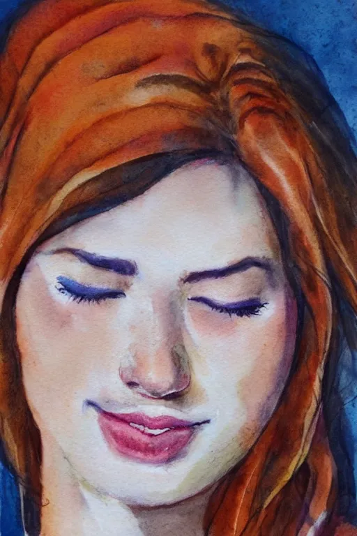 Image similar to portrait of a young beautiful auburn woman, closing her eyes, smiling, aquarelle, realistic painting, freckles, 1 / 4 headshot