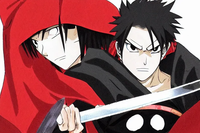 Image similar to a twin blade muscular swordsman, red and black cape and hoodie, scary, intimidating, worn out clothes, torn clothes, as a manga by Masashi Kishimoto