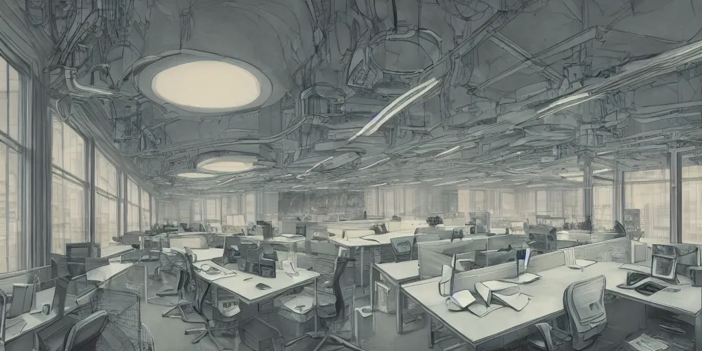 Image similar to endless office by alan lee, intricate, highly detailed, digital painting, artstation, concept art, smooth, sharp focus, illustration, vfx