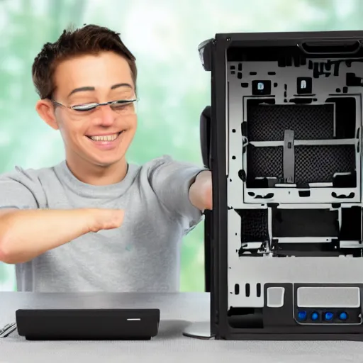 Image similar to tiny mushroom man explores an open computer case