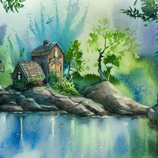 Image similar to beautiful happy picturesque charming sci - fi organic homes in a beautiful natural scene. water, trees and rocks. beautiful light. soft colour scheme. beautiful artistic detailed watercolor by lurid. ( 2 0 2 2 )
