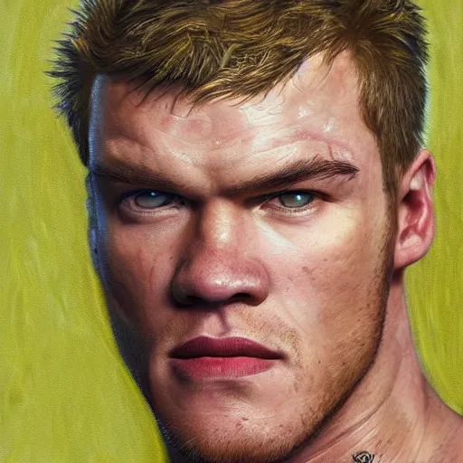 Image similar to Alan Ritchson as doomguy, artstation hall of fame gallery, editors choice, #1 digital painting of all time, most beautiful image ever created, emotionally evocative, greatest art ever made, lifetime achievement magnum opus masterpiece, the most amazing breathtaking image with the deepest message ever painted, a thing of beauty beyond imagination or words, 4k, highly detailed, cinematic lighting