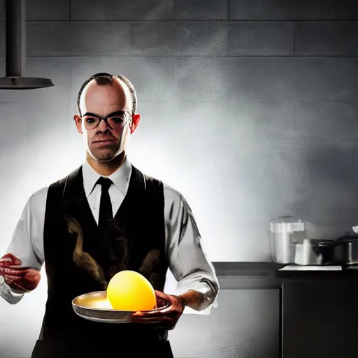 Image similar to a portrait of agent smith from the matrix making breakfast in the kitchen cooking an egg on a frying pan with bacon, dynamic lighting, studio lighting, 8k, award winning photo