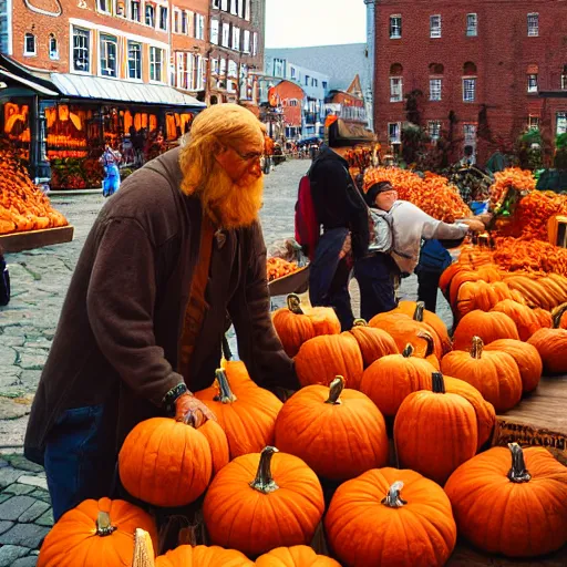 Prompt: pumpkin people selling goods at a market in a vermont town square, fall foliage, cobblestone streets, new england colonial buildings, intricate details, sharp focus, digital art, hyper realistic, 4 k, unreal engine, highly detailed, hd, dramatic lighting by brom, trending on artstation