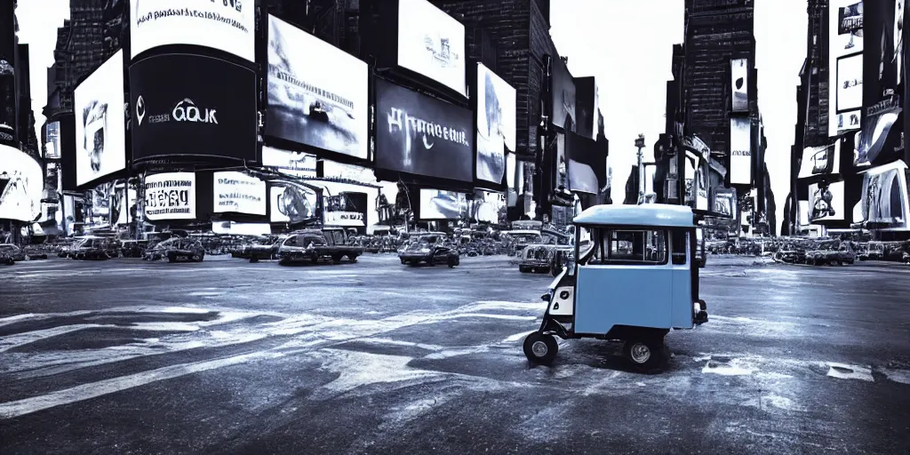 Image similar to a blue and white tuk tuk in Times Square at night, dark washed tint, dream-like heavy atmosphere, dark baroque painting, beautiful detailed intricate insanely detailed octane render trending on Artstation, 8K artistic photography, photorealistic, dramatic volumetric cinematic perfect light, chiaroscuro, award-winning photograph, masterpiece, Raphael, Caravaggio, Beksinski, Giger, 4k