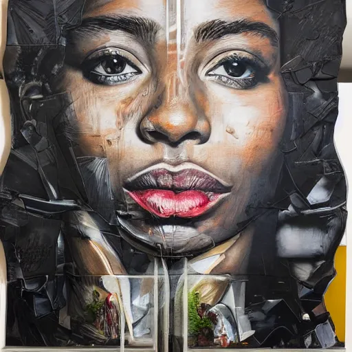 Prompt: by sandra chevrier chestnut, slate grey hyperdetailed. a installation art of a handsome 2 1 savage seated at a window, looking out at the viewer with a serene expression on his face. the light from the window illuminates her features & creates a warm, inviting atmosphere. the essence of beauty & tranquility.