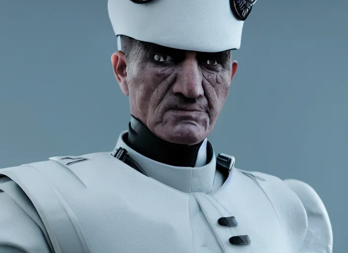 Image similar to menacing general wearing a white uniform, his skin is blue, ultra realistic, 4 k, movie still, uhd, sharp, detailed, cinematic, render, modern