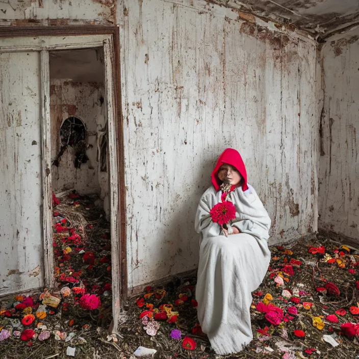 Image similar to a woman wearing a hooded cloak made of zinnias and barbed wire, in a derelict house, by Olivia Bee, natural light, detailed face, CANON Eos C300, ƒ1.8, 35mm, 8K, medium-format print