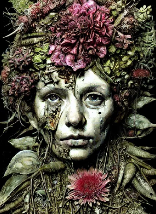 Prompt: beautiful and detailed rotten woman made of plants and many different types of flowers, muscles, intricate, organs, ornate, surreal, john constable, guy denning, dan hillier