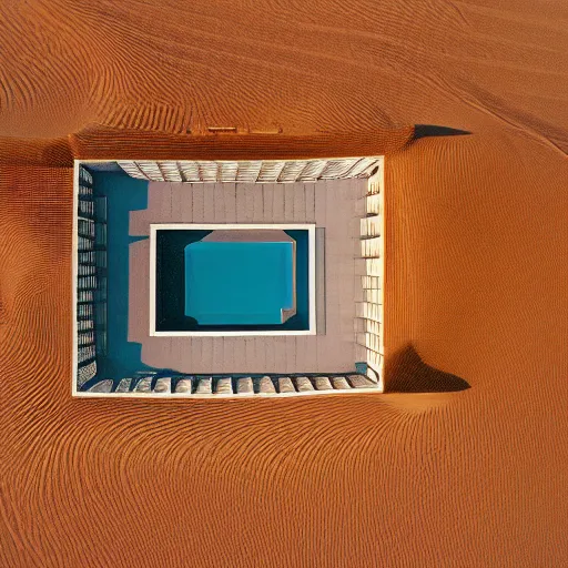 Prompt: A house designed by Miles Van Der Rohe in the middle of the sahara desert. Aerial View. Film Grain, Full color.