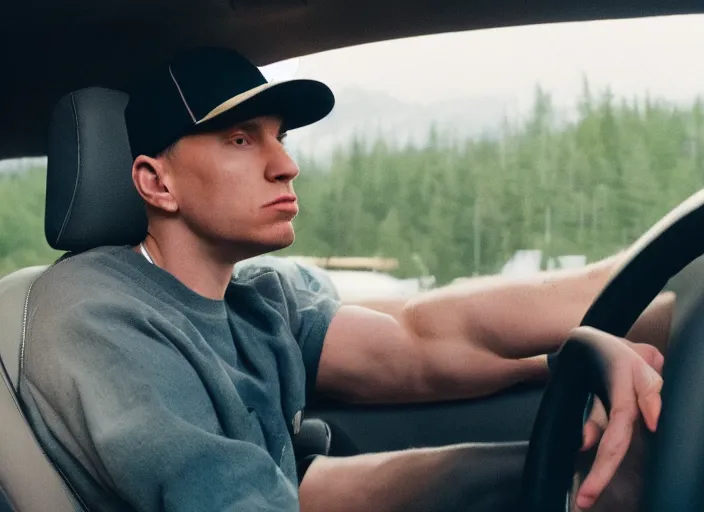 Image similar to a very high resolution image from a new movie, eminem in a car car. inside of a car. alone. mountains, directed by wes anderson