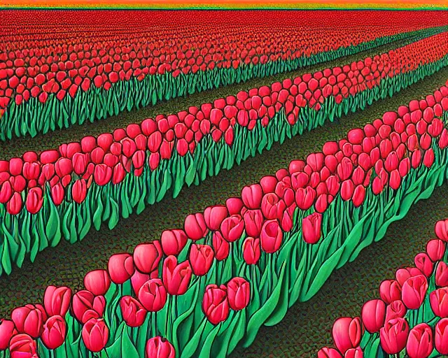 Prompt: a painting of many rows of tulips, an ultrafine detailed painting by rafal olbinski, behance contest winner, pop surrealism, detailed painting, very detailed, minimalist, skeuomorphic, airbrush art