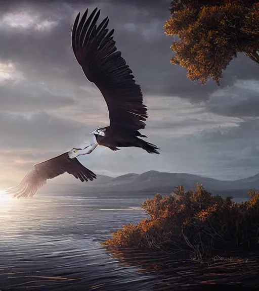 Image similar to three long beak crows flying and a little boat in a swamp, long legs, volumetric lighting, majestic light, octane render, ethereal glare of the sun, hyperrealistic, epic, masterpiece, by greg rutkowski