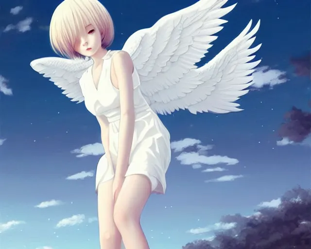 Image similar to infinitely detailed full - body portrait pale female peaceful dream angel wearing elegant clothes. beautiful! scenery art! by wlop & murata range, by ilya kuvshinov. artstation!! / pixiv!!