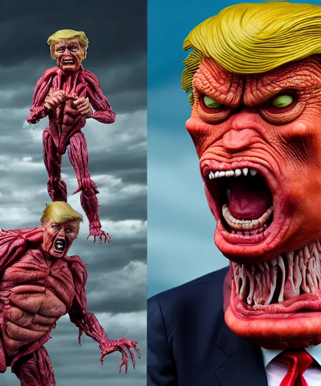 Image similar to hyperrealistic rendering, epic boss battle, cronenberg flesh monster donald trump, by art of skinner and richard corben, product photography, collectible action figure, sofubi, hottoys, storm clouds, outside, lightning