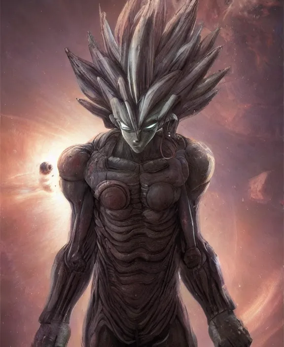 Image similar to sci - fi goku from dragon ball by hr giger and beksinski and stephan martiniere, trending on artstation, 4 k resolution, detailed, high quality, hq artwork