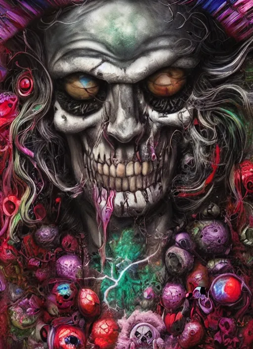 Image similar to mad hatter, polynesian god, half skull half face, highly detailed, cinematic, 8 k, by megan duncanson, benjamin lacombe, adrian borda, stanley artgermm, tom bagshaw, craig mullins, carne griffiths, ayami kojima, beksinski, giger, trending on deviantart, hyper detailed, horror, full of colour