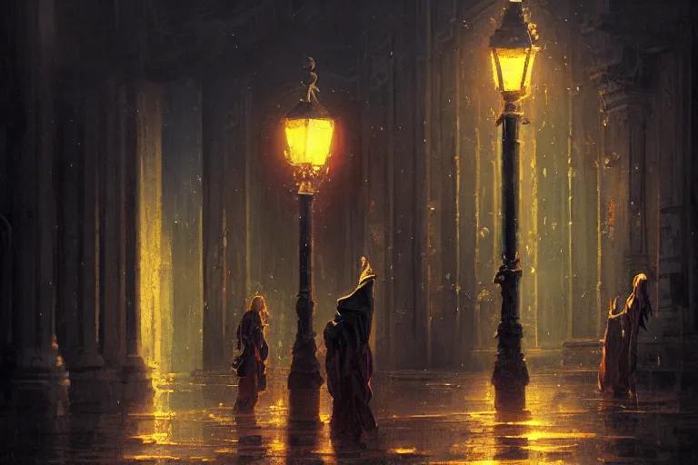 Image similar to baroque oil painting of anime key visual concept art of an ornate detailed oil lamppost at night, rusty black metal, flickering flame, reflective mapping, trending on artstation, palette knife and brush strokes, oil on canvas, style of makoto shinkai greg rutkowski studio ghibli genshin impact