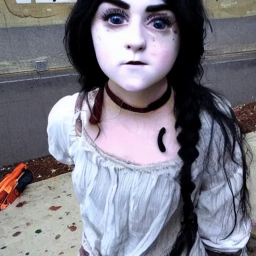 Prompt: isabelle fuhrman as a creepy doll like woman with white - porcelain skin, dressed as a homeless woman, soft focus
