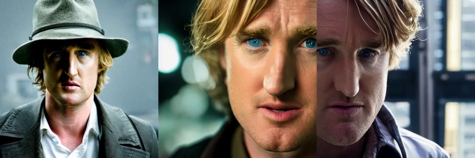 Prompt: close-up of Owen Wilson as a detective in a movie directed by Christopher Nolan, movie still frame, promotional image, imax 70 mm footage
