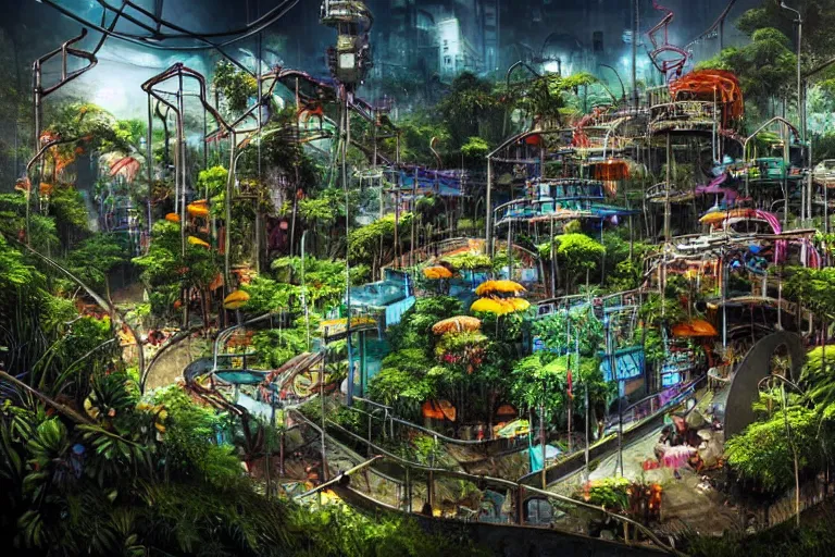 Prompt: favela winding cybernetic amusement park, lush floral jungle environment, industrial factory, apocalyptic, award winning art, epic dreamlike fantasy landscape, ultra realistic,