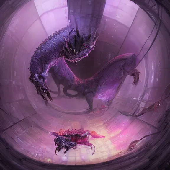 Image similar to inside a cavernous robotic stomach, the walls purple and pulsing, acid pooling inside, acid melting a small dragon, food pov, micro pov, prey pov, vore, dragon vore, digital art, pov furry art, anthro art, furry, warframe art, high quality, 8k 3D realistic, macro art, micro art, Furaffinity, Deviantart, Eka's Portal, G6