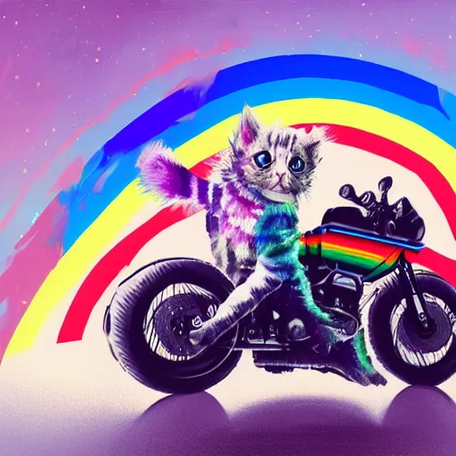 Image similar to wide angle full body, jacket wearing fluffy cute rainbow kitten wearing a black leather motorcycle jacket, riding on a motorcycle, cinematic concept art