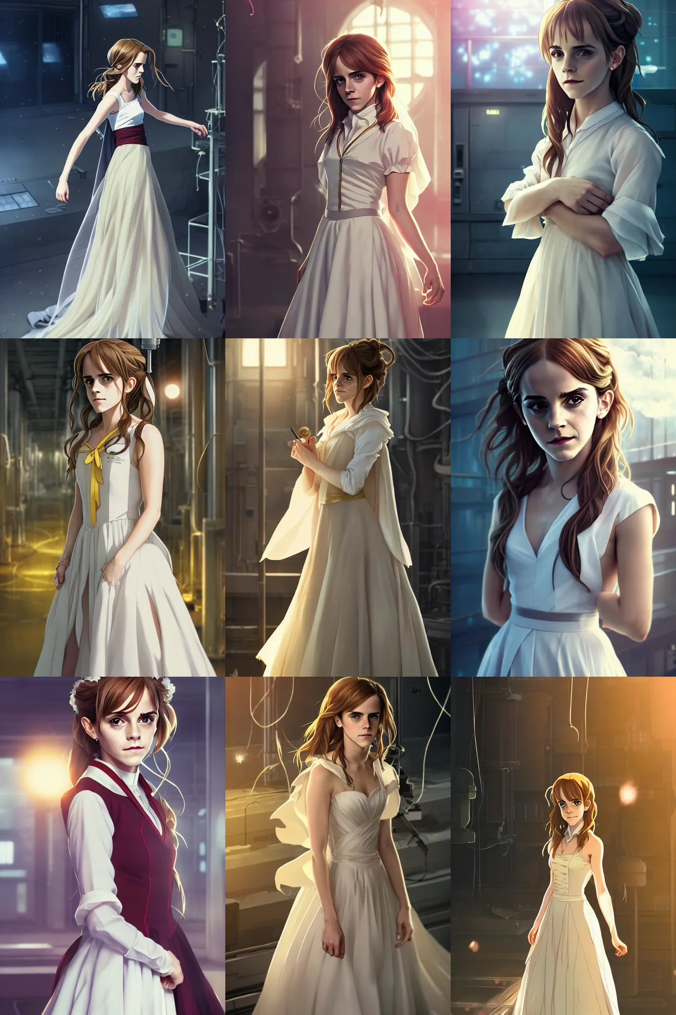 Prompt: emma watson act as hermione in a wedding dress, standing inside a research facility, character art, anime key visual, official media, illustrated by wlop, intricate details, 8 k, trending on artstation, cinematic lighting, beautiful, cosplay
